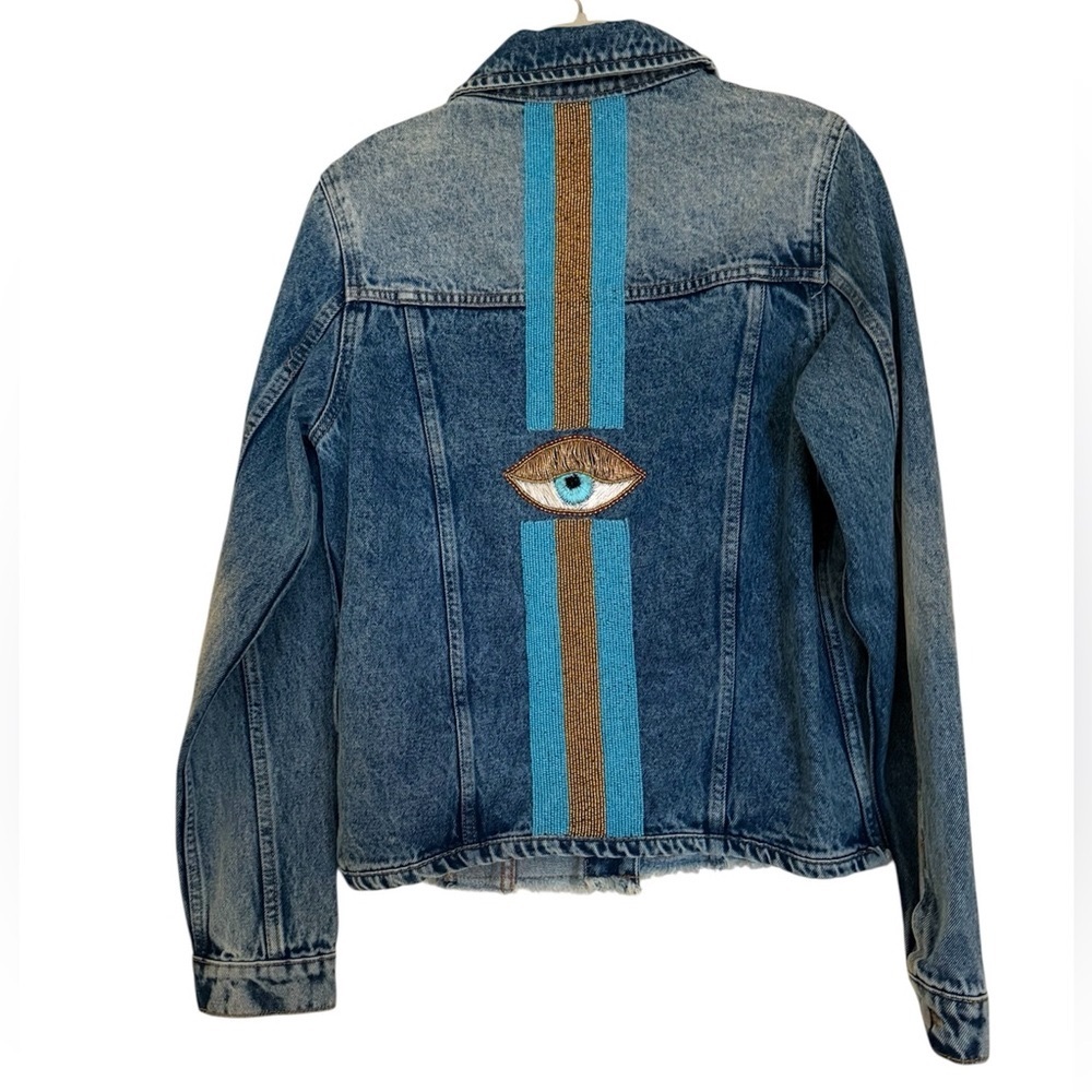 Evil Eye Embroidered Denim Jacket Boho Festival Statement S/M Blue NWT